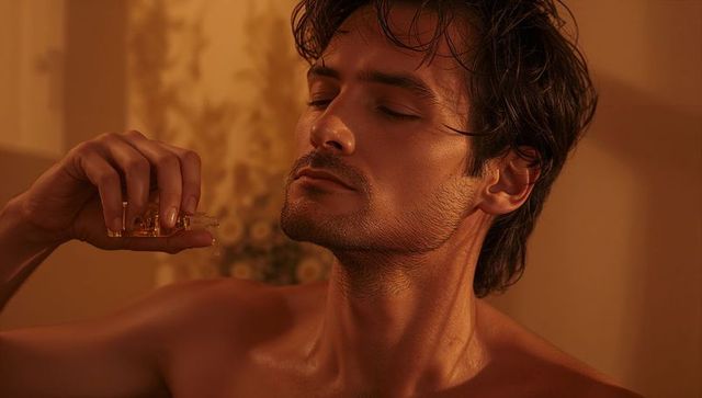 Moody portrait of shirtless man applying amber body oil to chest, intimate fragrance ritual