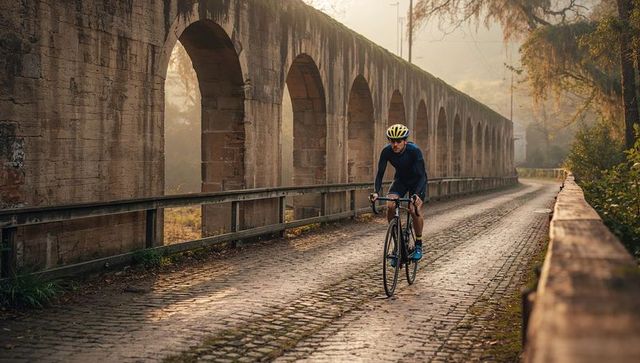 Cyclist riding cobbled road beside arched aqueduct at golden hour, rural endurance