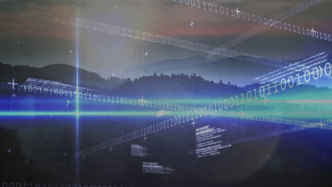 Futuristic Data Overlay on Mountain Landscape at Night