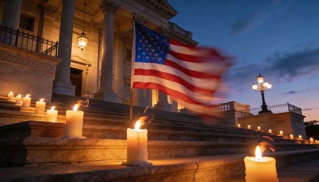 Waving american flag fluttering beside neoclassical capitol steps lit by candlelight dusk
