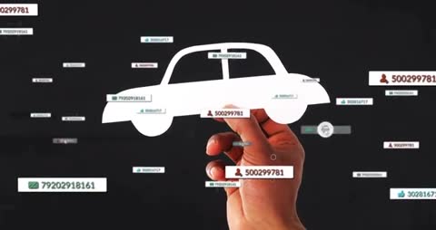 Hand Holding Paper Car Cutout Over Digital Interface Showing Animated Vehicle Data Badges