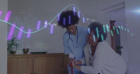Nurse assisting elderly with multicolored data overlay