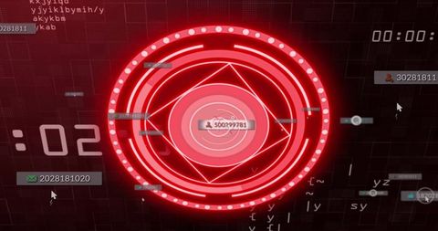 Glowing crimson hud interface with concentric neon target and floating id labels