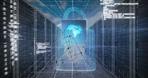 Holographic lock and digital globe in futuristic data center