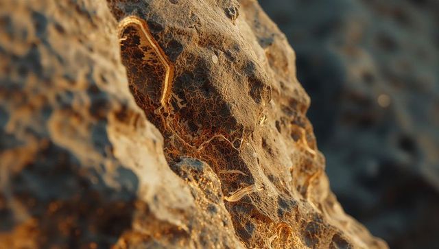 Close-up of weathered rock with fibrous veins in golden sunlight
