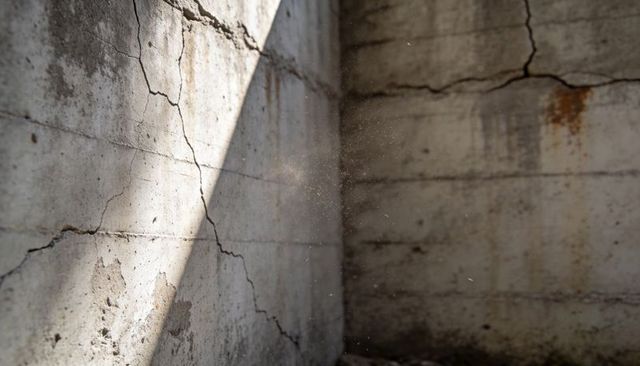 Sunlit cracked concrete corner showing peeling plaster, dust motes, weathered texture