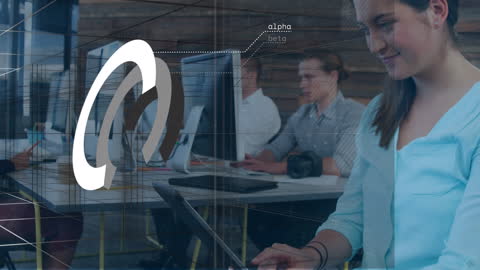 Business Team Collaborating with Digital Technology and Analytics Overlay