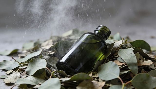 Dark green apothecary bottle lying on eucalyptus leaves with fine mist and water droplets