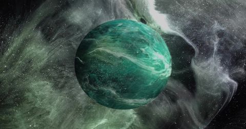 Teal Gas Giant Orbiting Dark Moon Amid Swirling Nebula and Distant Starfield