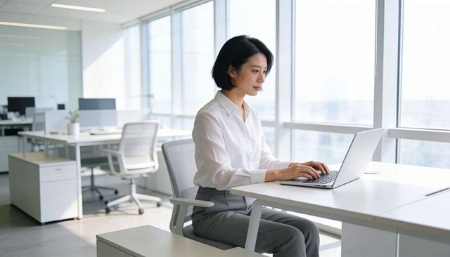 Professional woman working on laptop in bright modern office with city view and ergonomic desk