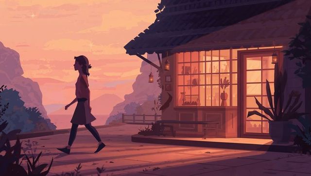Silhouette woman walking past glowing seaside shop on terrace at pastel sunset glow with lanterns