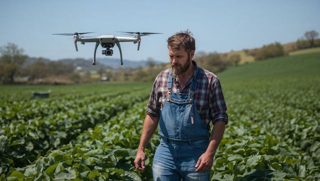 Walking farmer inspecting crops with drone over green farmland landscape