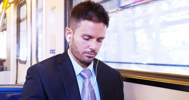 Businessman Commuting on Train with Earphones - Download Free Stock Images Pikwizard.com