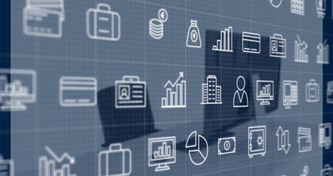 Digital Business Icons Overlaying Modern Workspace Blueprint