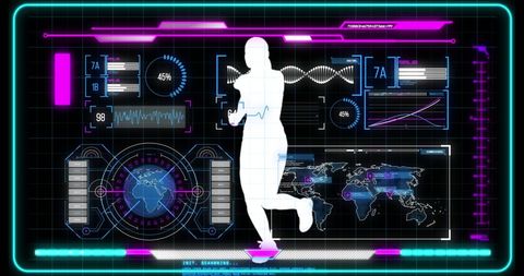 Digital interface shows silhouette of woman running amidst screens displaying data and world map. Reflects concept of data processing and global connections in technology-driven environments. Ideal for use in health technology design, global network visuals, and futuristic computing concepts, promotional material for fitness technology, or conveying advanced digital communication.