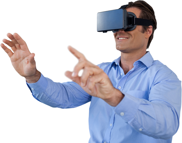 Smiling Man in Blue Shirt Using Virtual Reality Headset Gesture - Download Free Stock Videos Pikwizard.com