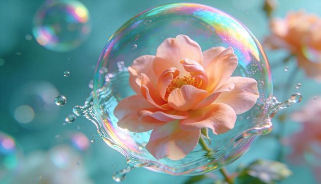 Floating peach rose drifting inside iridescent bubble with water droplets macro bloom