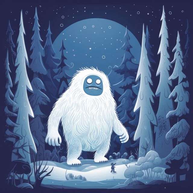 Snow yeti, full moon and trees covered in snow, created using generative ai technology. Yeti, winter scenery and beauty in nature concept digitally generated image.