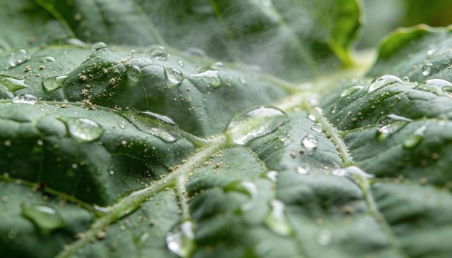 Macro dew-covered green leaf with water droplets, textured veins and fine granules