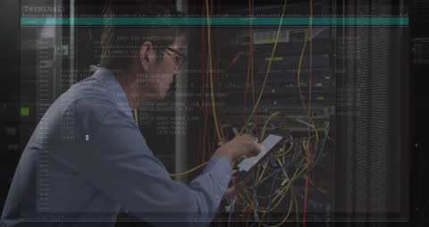 IT Technician Managing Server Room with Digital Interface Overlay