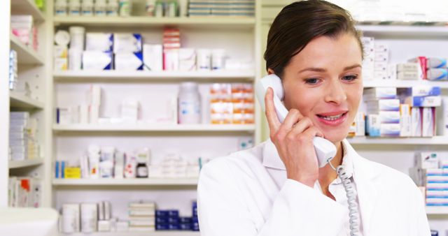Pharmacist holding prescription paper while talking on phone in pharmacy