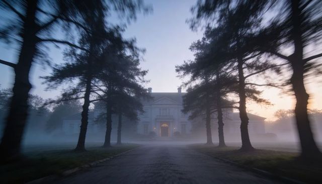 Neoclassical mansion glowing through dawn fog at end of tree-lined driveway with lit entrance