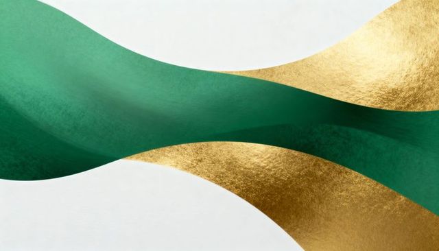 Emerald and gold foil wave background with minimalist curved ribbons and soft shadows