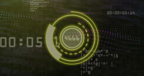 Neon hud interface featuring rotating circular telemetry readout 4666 and countdown timer
