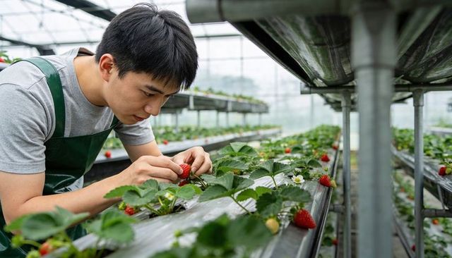 Grower inspecting ripe strawberries on hydroponic benches in climate-controlled greenhouse