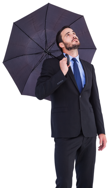 Transparent Businessman Holding Umbrella Looking Up in Suit - Download Free Stock Videos Pikwizard.com