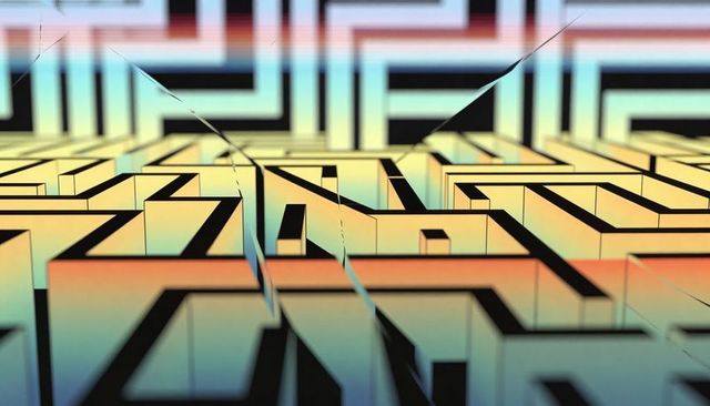 Fracturing 3D maze with iridescent gradient walls, sharp black edges, geometric depth