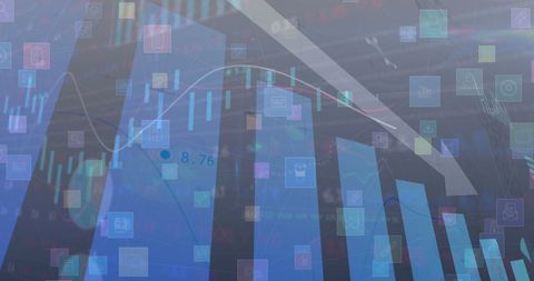 Digital financial graphs and technology icons overlay