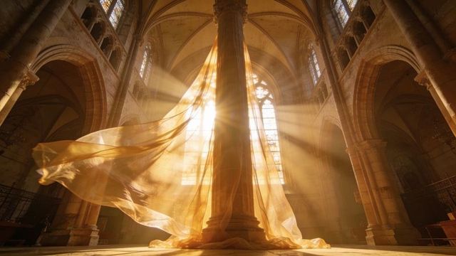 Golden sunbeams streaming through gothic cathedral column draped in billowing sheer fabric