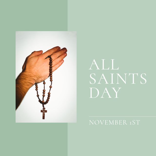 Composition of all saints day and november 1st texts with hands holding rosary on green background. Social media kindness day and celebration concept digitally generated image.