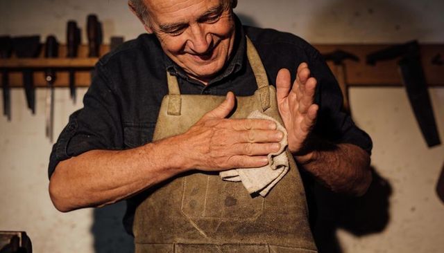 Senior woodworker wiping hands on worn apron in rustic workshop