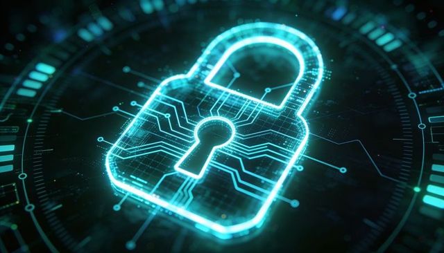 Holographic padlock glowing with circuit traces protecting digital network security