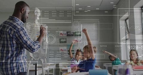 Innovative classroom with interactive teaching and digital overlays