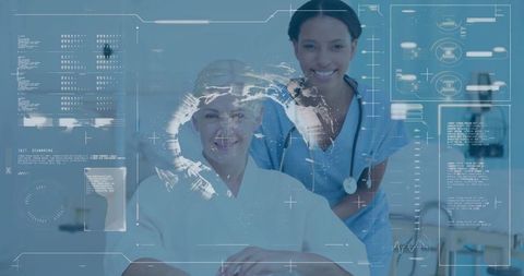 Healthcare Professionals Exploring Futuristic Digital Data Display