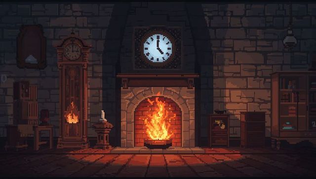 Pixel art glowing stone fireplace casting warm light in medieval hearth room with clock