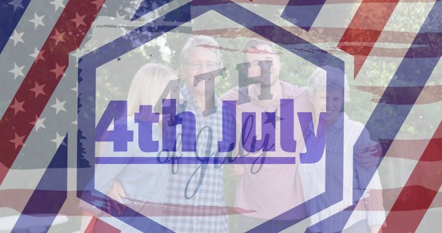 Family standing together outdoors celebrating 4th of July. US flag overlay emphasizes patriotism and holiday spirit. Suitable for advertising Independence Day events, family gatherings, and patriotic campaigns.