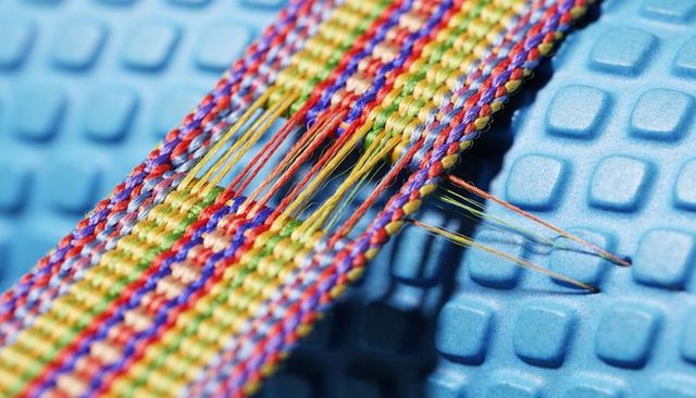 Macro close-up of colorful woven strap fraying with threaded needles on blue foam