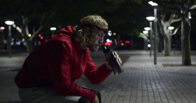 Man Drinking Water in Park at Night After Exercise - Download Free Stock Images Pikwizard.com