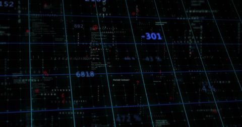 Neon Cyber Grid HUD with Floating Binary, Code Snippets and Data Visualization Overlay