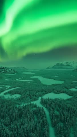 Aerial vertical video: Aurora borealis dancing above snowy forest and winding frozen rivers