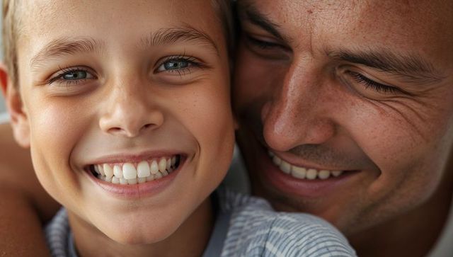 Father and son smiling close-up sharing warm bond and joyful family moment