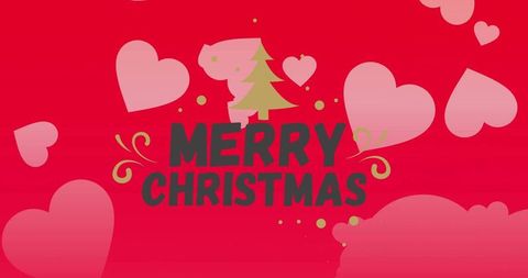 Merry Christmas Typographic Holiday Banner with Emerald Tree and Pink Heart Decorations