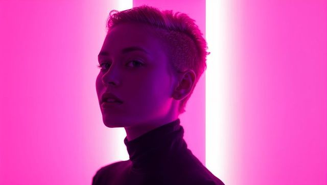 Model with Short Hair Posing in Neon Pink Lighting