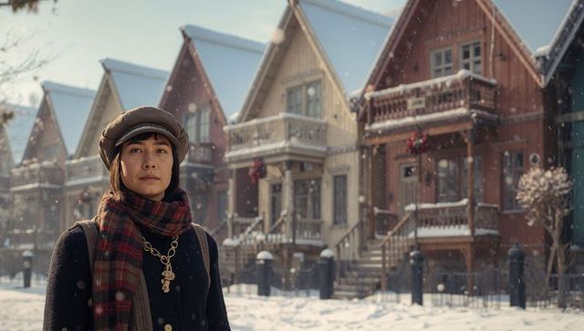 Winter portrait of woman in newsboy cap and plaid scarf with gabled victorian rowhomes