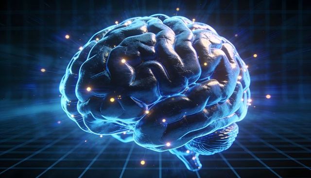 Glowing 3D Brain with Neural Nodes Floating Above Digital Grid AI Neural Network Concept