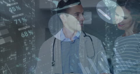 Caucasian Doctor and Financial Data Overlay Animation